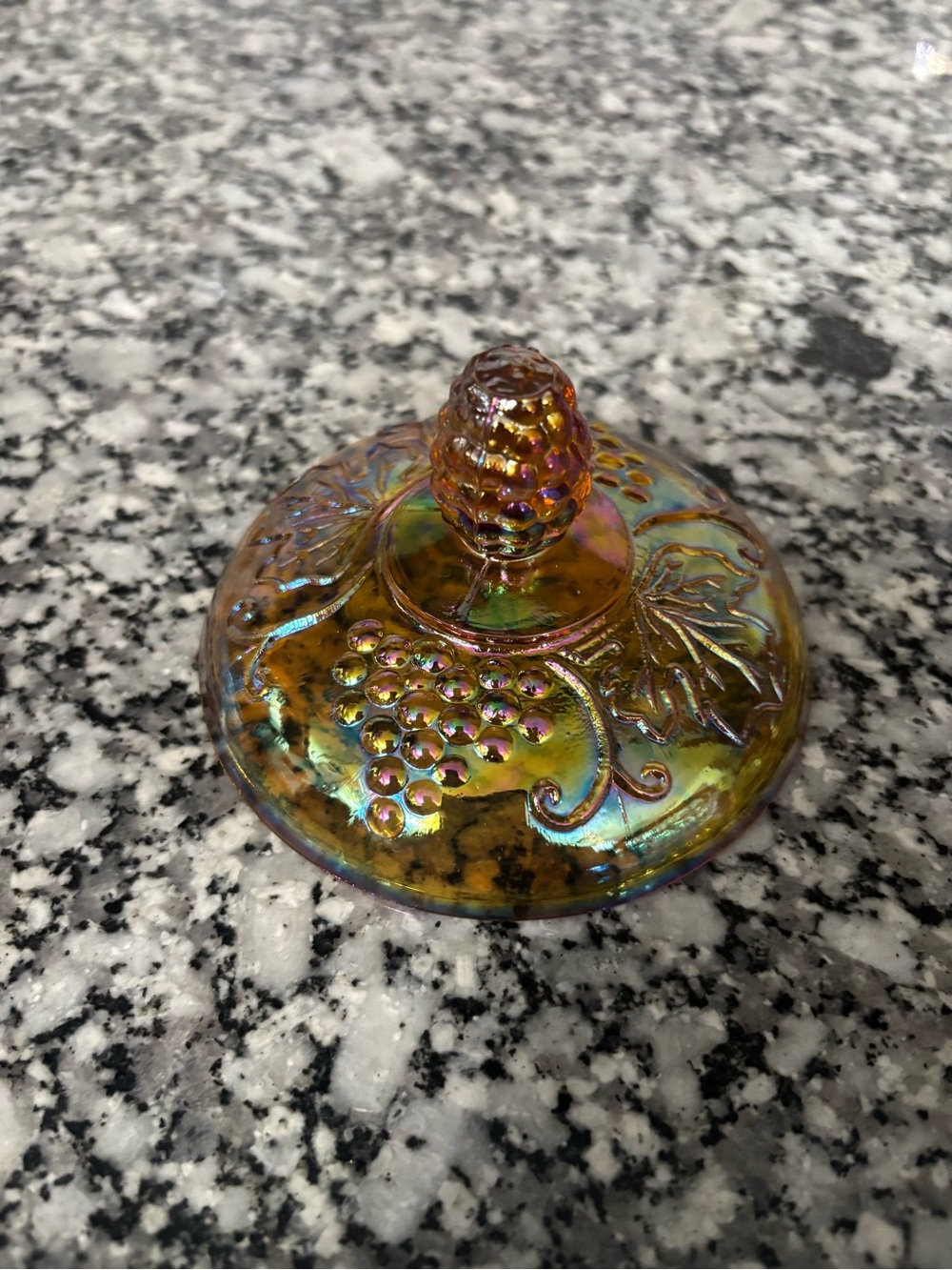 Iridescent Carnival Glass Lid with Grape Motif - Gold Tones